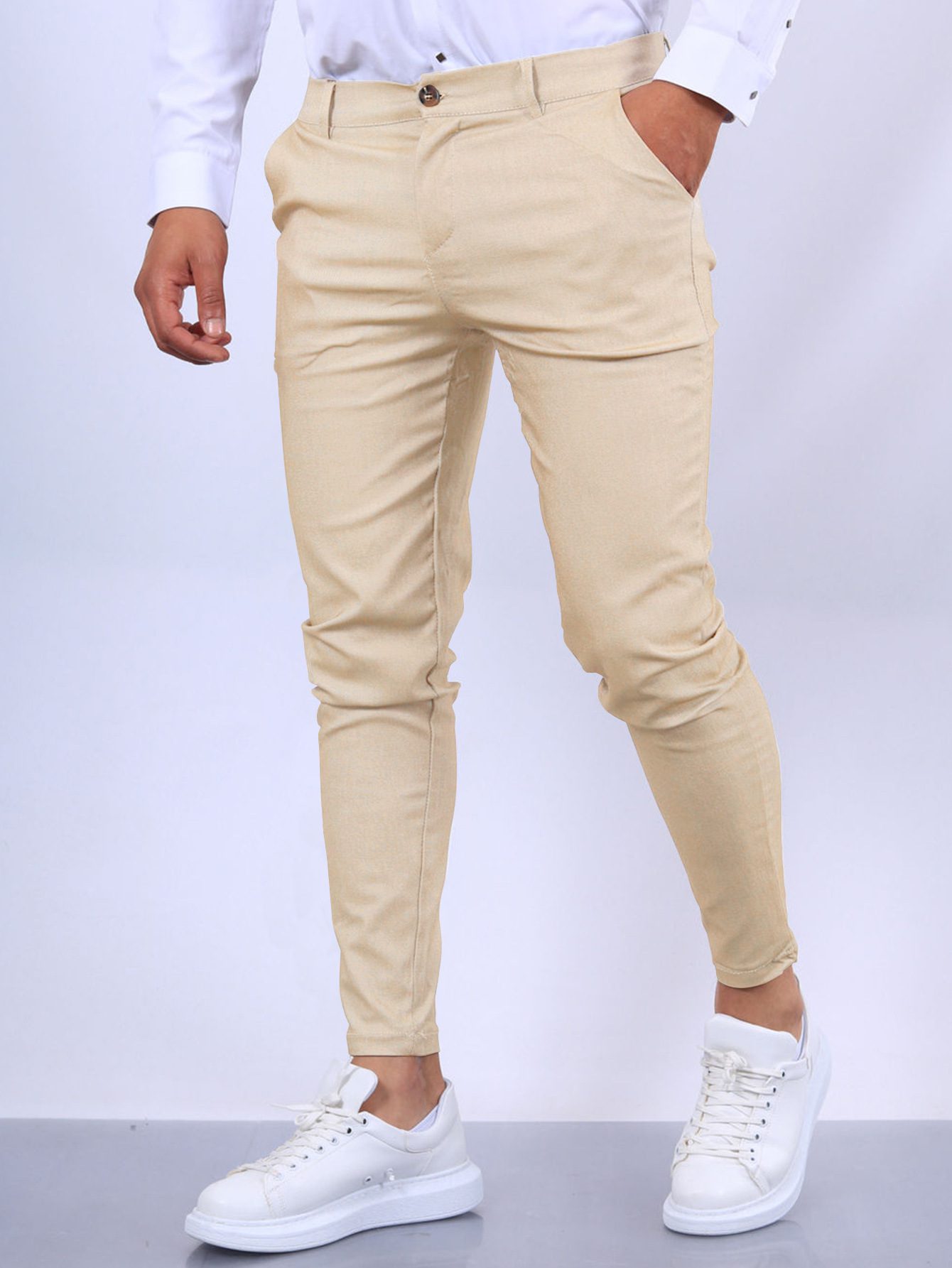 Men's Slim Button Trousers Fashion Solid Office Versatile Long Pencil Pants - Image 7
