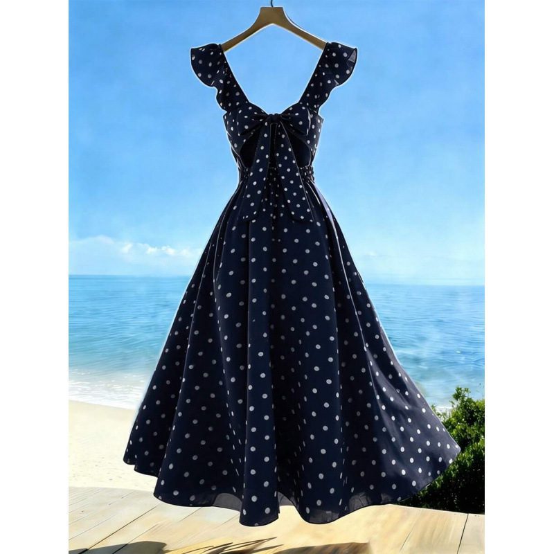 Womens Solid-Color Casual Resort V-Neck Ruffle-Trim Dress - Image 3