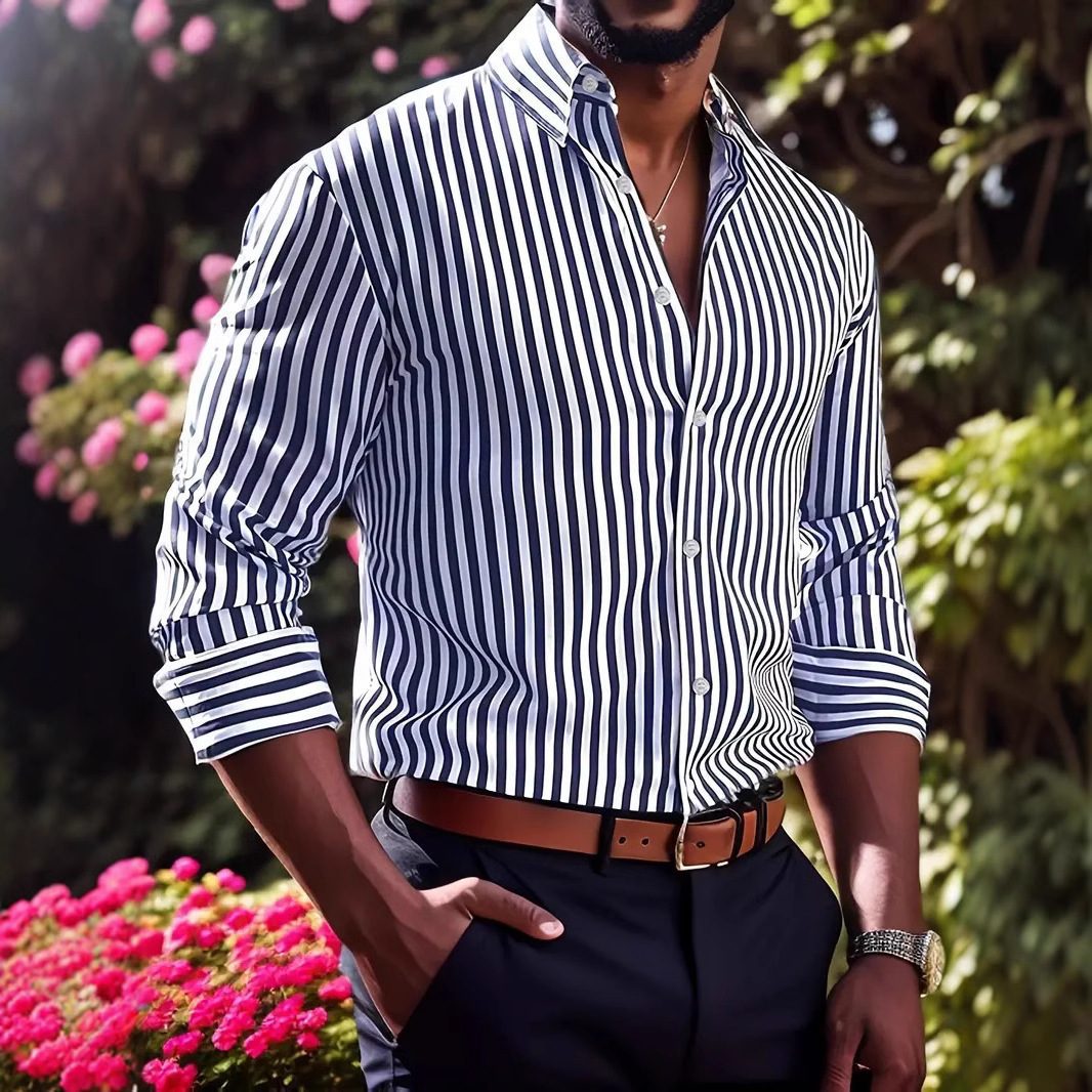 Ins Stripe Printed Long Sleeve Shirt Men Fashion Casual Lapel Button Top Clothing - Image 4