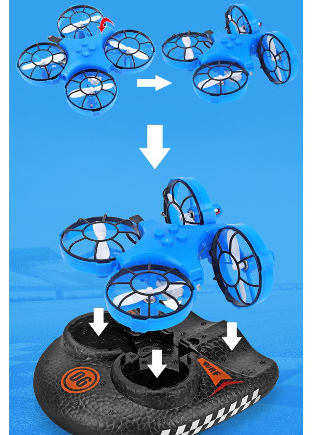 RC Boat Water Land And Air Four-Axis Hovercraft Three-in-one Multi-function Toy One-button Tumbling Mini Drone - Image 7