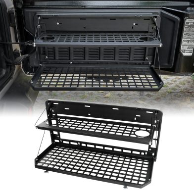 2-Tier Tailgate Table Rear Foldable Storage Cargo Rack Outdoor Camping Desk for 2007-2026 Jeep Wrangler JK&JL 4 Door (Not Fit JK Models with Stock Subwoofer)