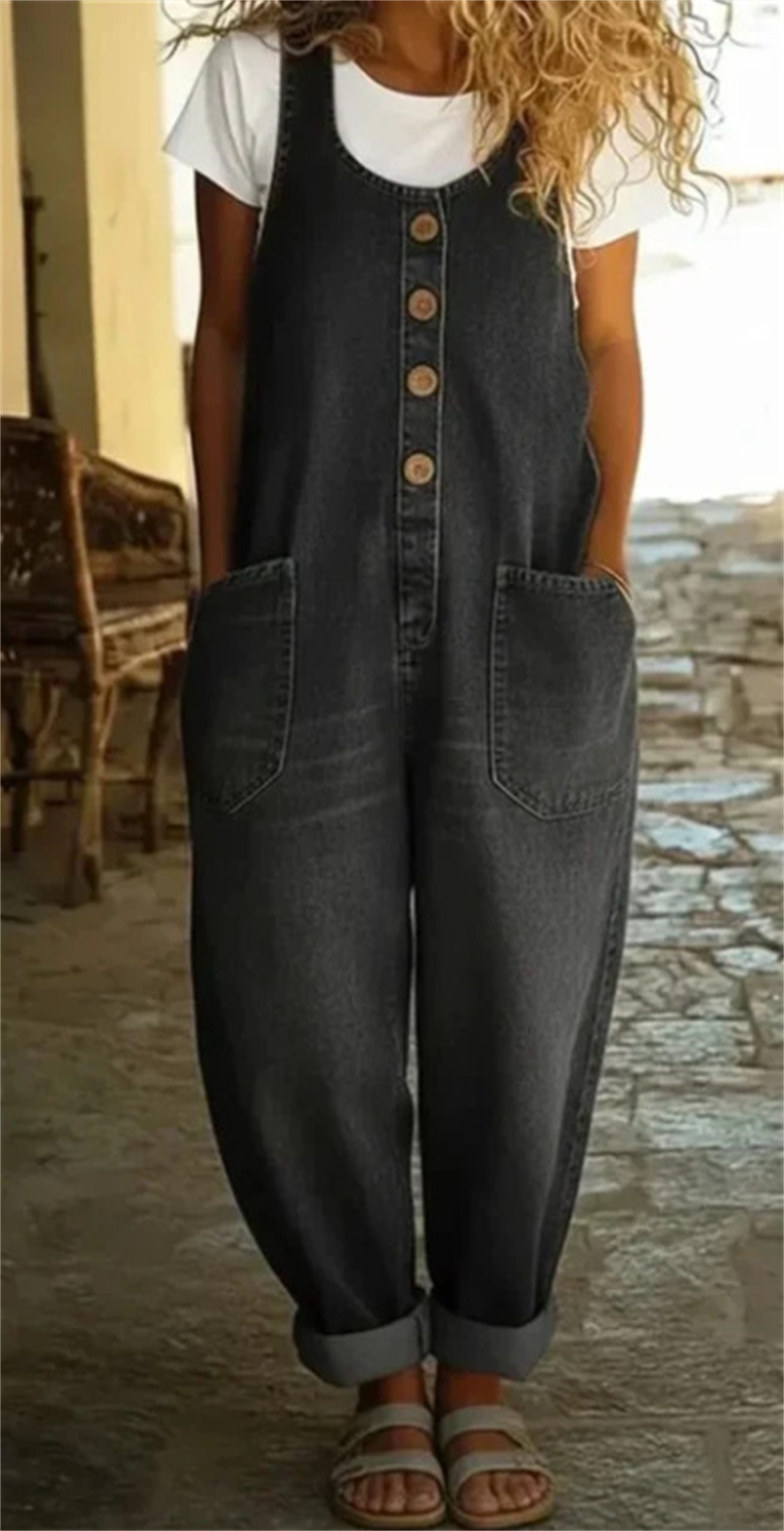 Womens Sleeveless Pocket Denim Jumpsuit - Image 3