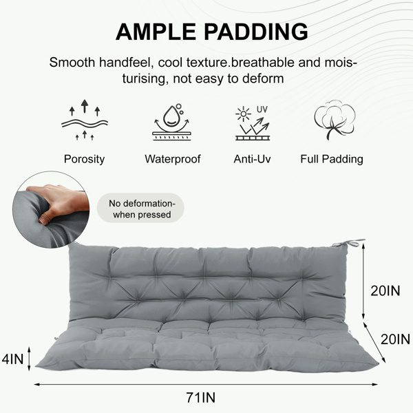 Outdoor Swing Cushions 70 Inch,Waterproof 4in Thick Porch Swing Cushion Replacement With Backrest And Ties,Comfortable 2-3 Seat Pation Swing Pad For Backyard,Garden,Lawn,Outdoor Furniture Light Grey - Image 2