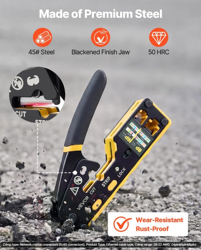 VEVOR Crimping Tool, RJ45-RJ11-RJ12 Ethernet Crimper, Crimp Tool Kit For 4-6-8-Pin Modular Plugs, With Mini Wire Stripper, 50 Connectors And 50 Boots, Replacement Blades, And Network Cable Tester - Image 5