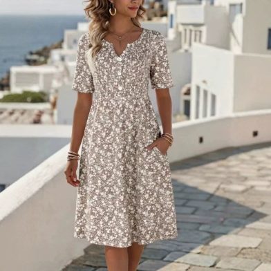 Womens Floral Print V-Neck Midi Dress With Short Sleeves