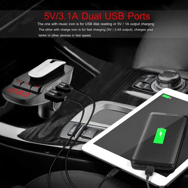 Car FM Transmitter W/ Wireless Earpiece 2 USB Charge Ports Hands-free Call MP3 Player - Image 5