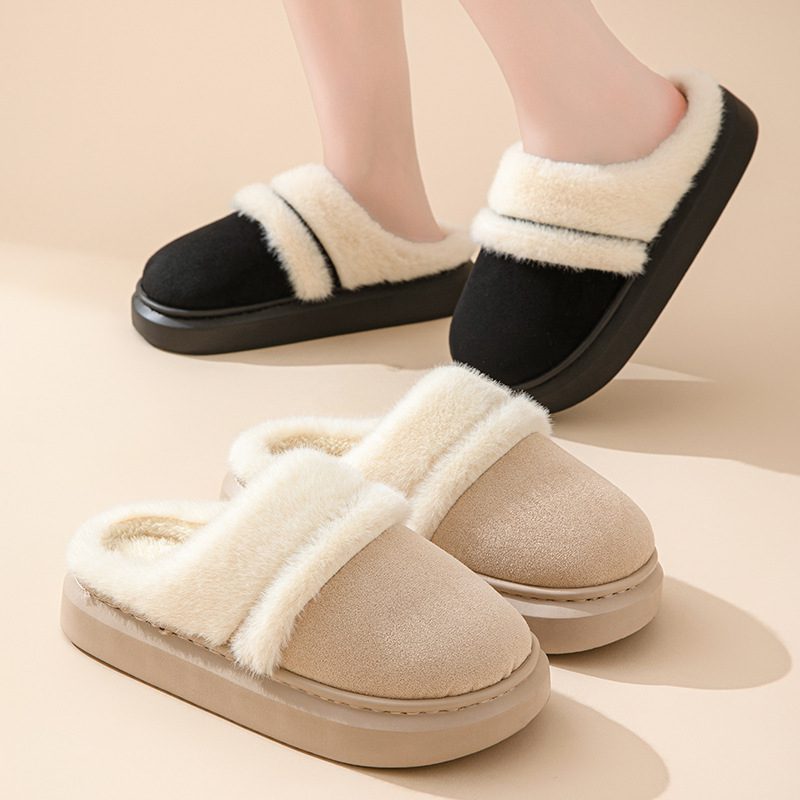 Fashion Warm Cotton Slippers For Women Leisure Thick Bottom Non-slip Plus-velvet House Shoes Winter Bedroom Floor Suede Slipper - Image 3