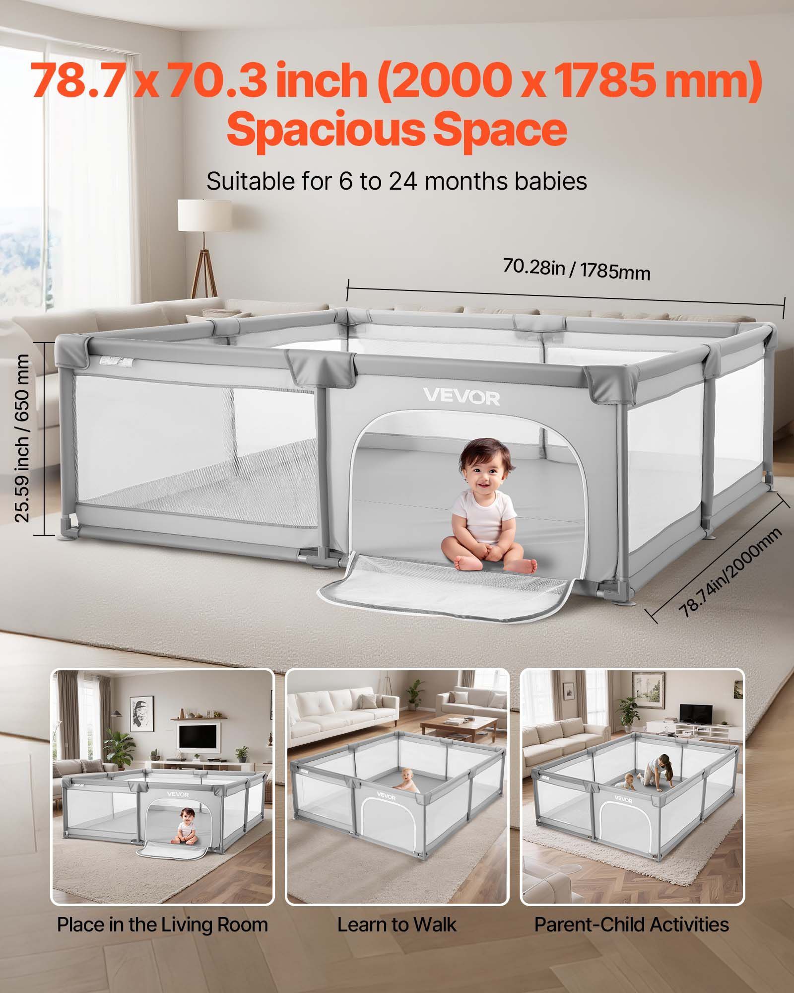 Baby Playpen, 78.7″ X 70.3″ Extra Large Playpen For Babies Toddlers, Indoor/Outdoor Baby Fence Play Yard, No-Gap Safety Activity Center With 50 Ocean Balls, Zippered Door & Soft Breathable Mesh - Image 2