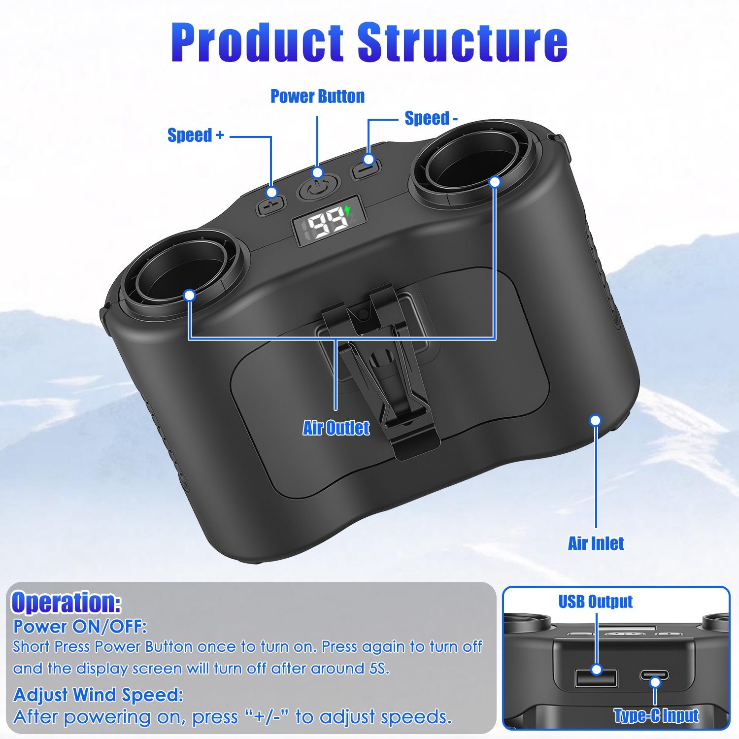 16000mAh 4 In 1 Dual Turbine Waist Clip Fan Wearable Personal Fan Hands Free With 5 Speeds LCD Display Lanyard Double As Power Bank For Jobsites Camping Hiking - Image 9
