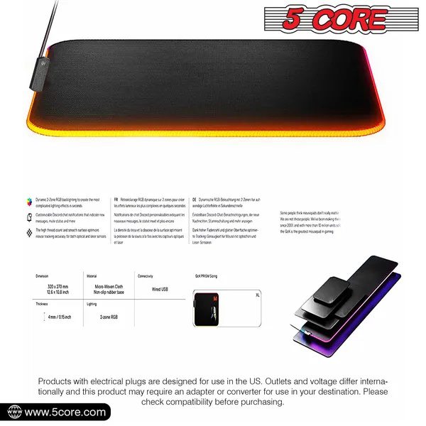 5Core Gaming Mouse Pad RGB 12 Light Modes 2 Zone Desk Mouse Mat W Rubber Base - Image 5