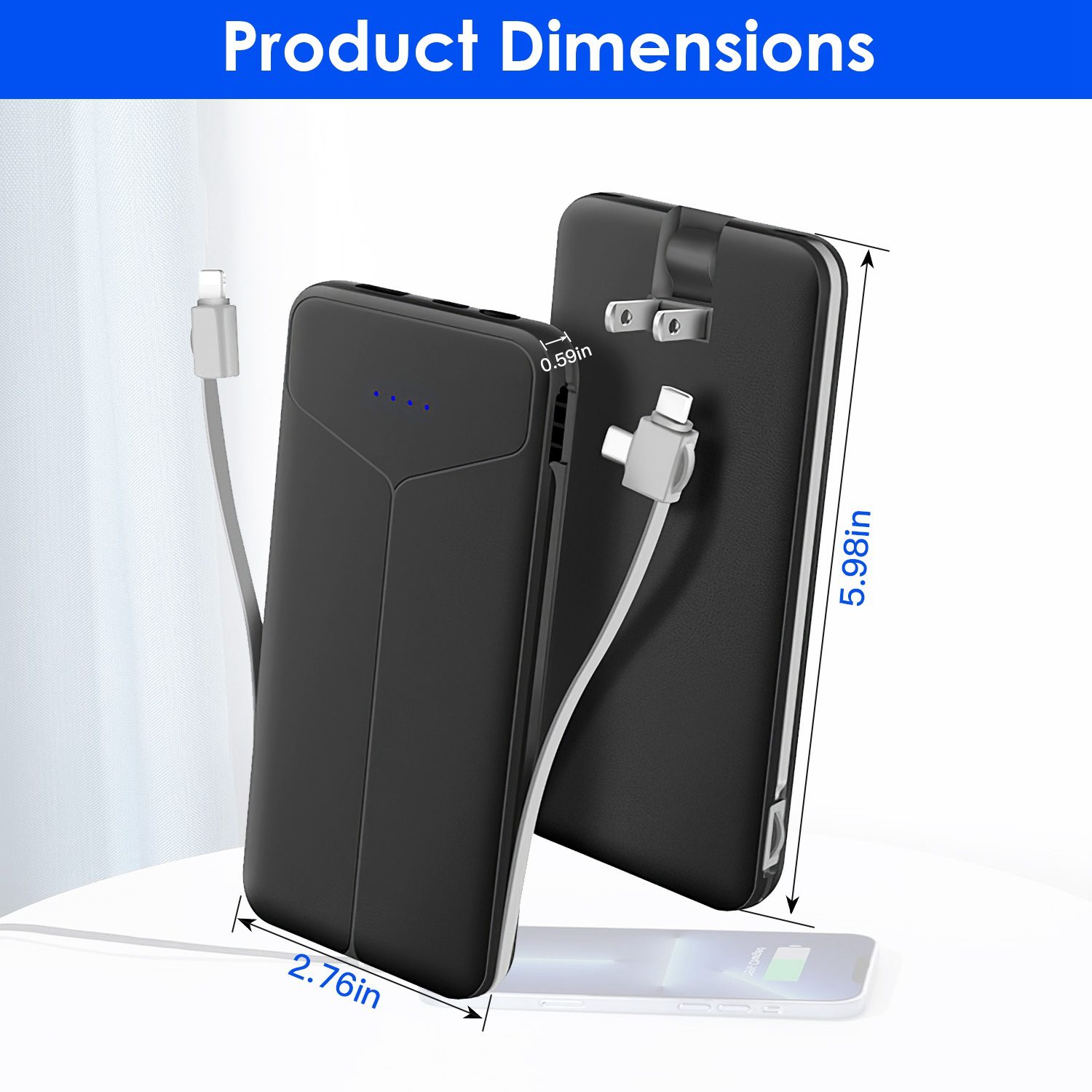10000mAh Power Bank Portable Charger With US Plug 2 Built-in Cables External Battery Pack With 4 Ouputs 3 Inputs Fit For IOS Phone 14 Android And More - Image 4