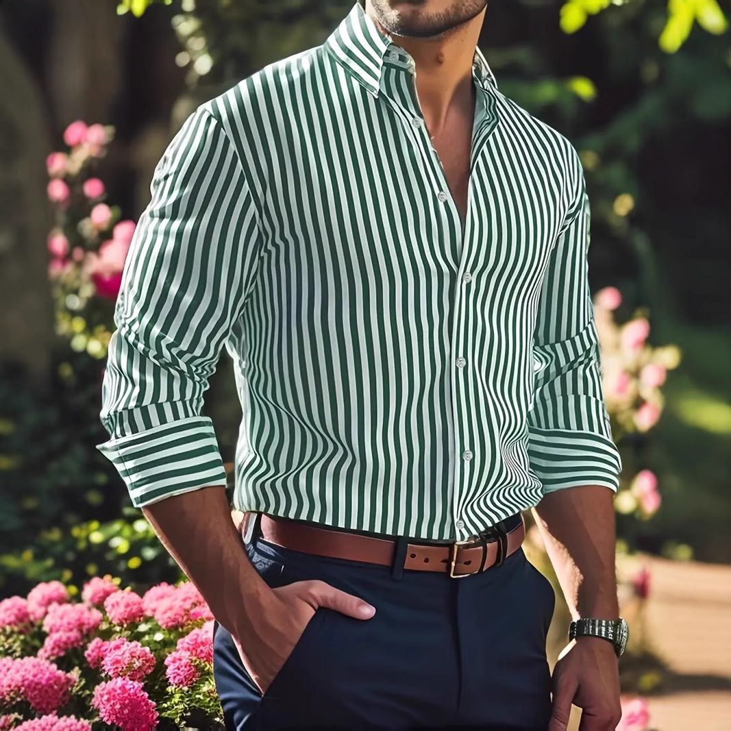 Ins Stripe Printed Long Sleeve Shirt Men Fashion Casual Lapel Button Top Clothing - Image 2