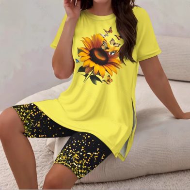 Cross-Border Casual Resort-Style Printed Crew-Neck Short-Sleeve Shorts Set
