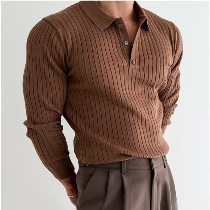Lapel Button Long Sleeve Polo Shirt Slim Fashion Solid Striped Knitted Bottoming Shirt Top Men's Clothing - Image 4