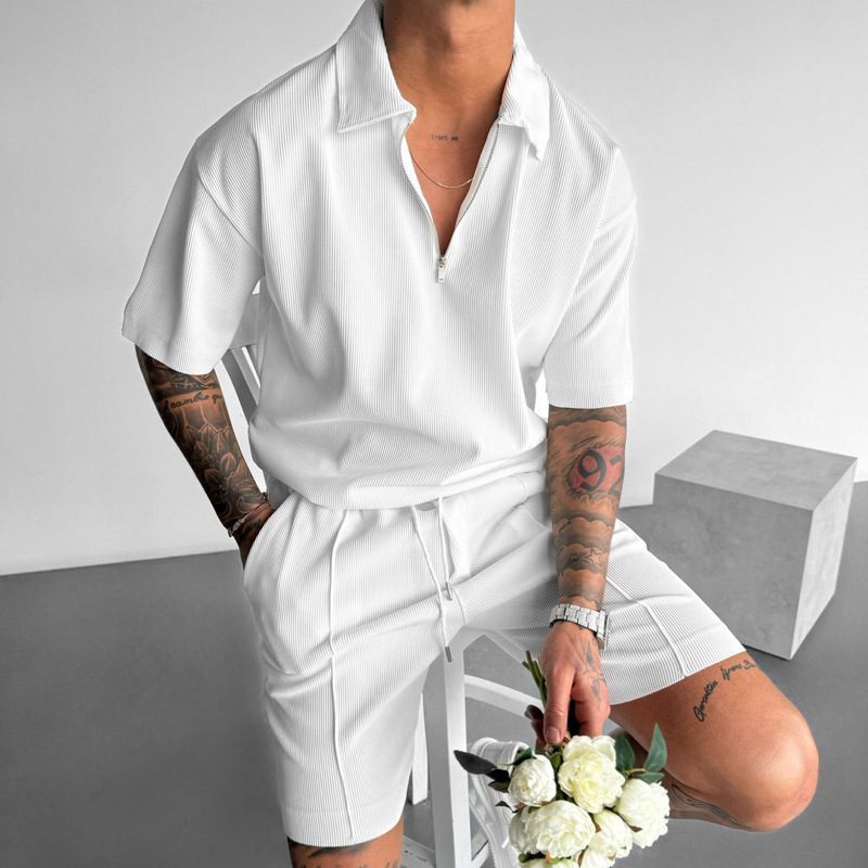 Summer Fashion Mens Clothing Men's Suits New Zipper Polo Casual Short Sleeve Drawstring Shorts Men's Set - Image 6