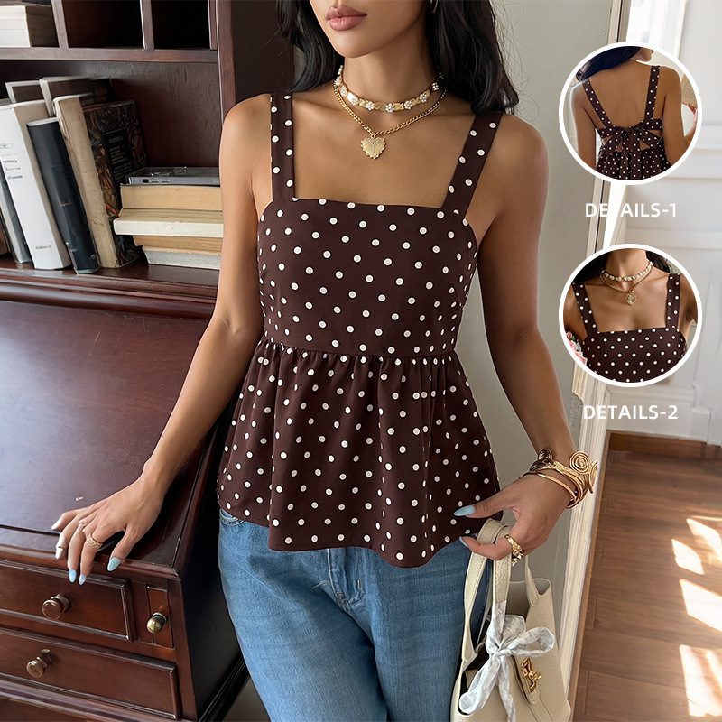 French-style Vintage Wave-patterned Square-neck Ruffled-strap Womens Camisole - Image 2