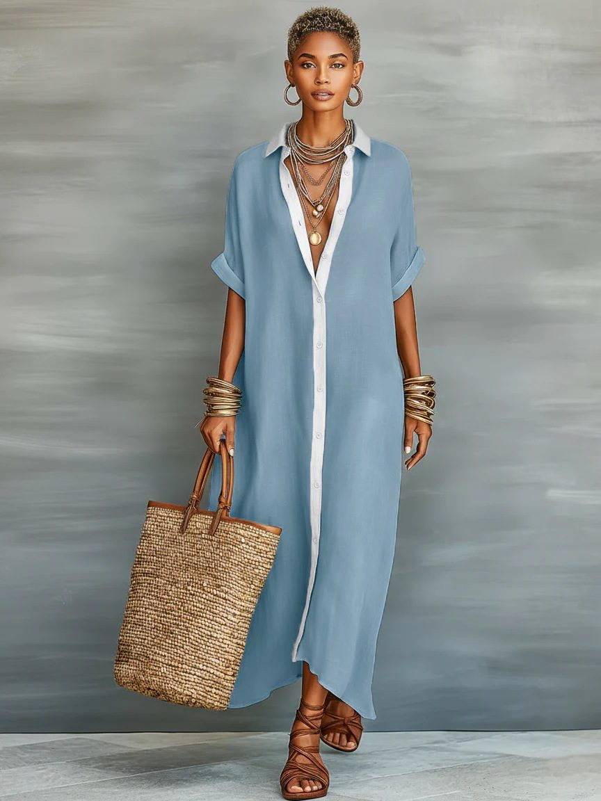 Color-blocked Loose And Linen Long Dress Fashionable And Casual Dress - Image 3