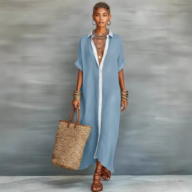 Color-blocked Loose And Linen Long Dress Fashionable And Casual Dress