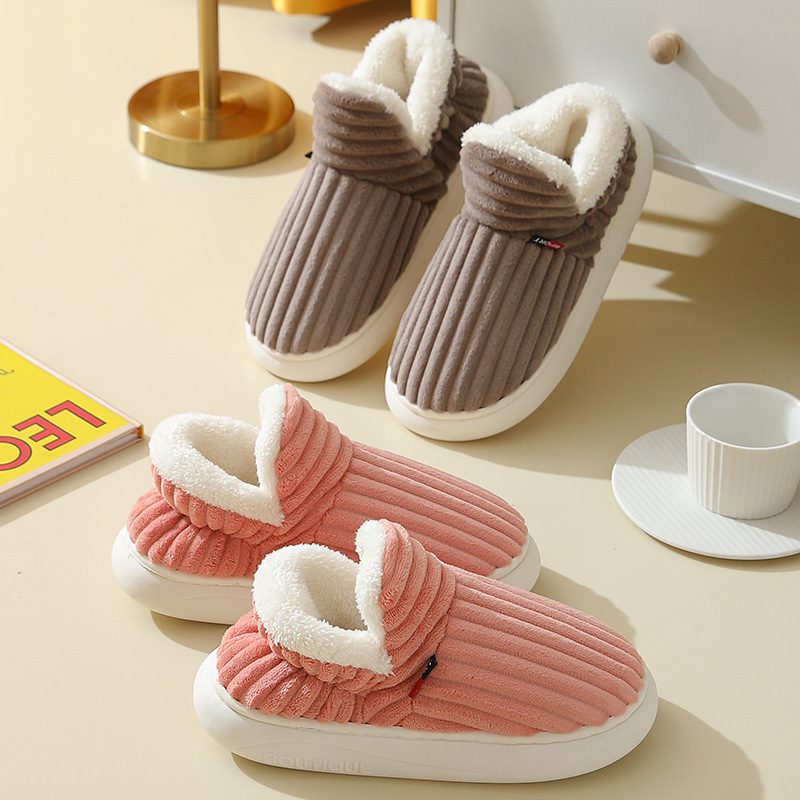 Winter Plush Home Shoes Fashion Solid Color Stripes Floor Bedroom Slippers Indoor Outdoor Garden Shoes For Women Men Couples - Image 3
