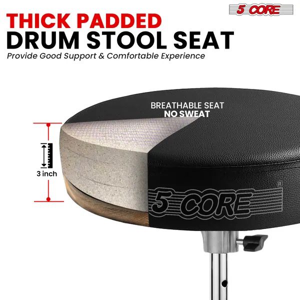 5 Core Drum Throne 3 Inch Thick Padded Comfortable Guitar Stool Double Braced Drummer Chair Height Adjustable Musician Seat For Adults And Kids Black - DS BLKCH BLK - Image 2
