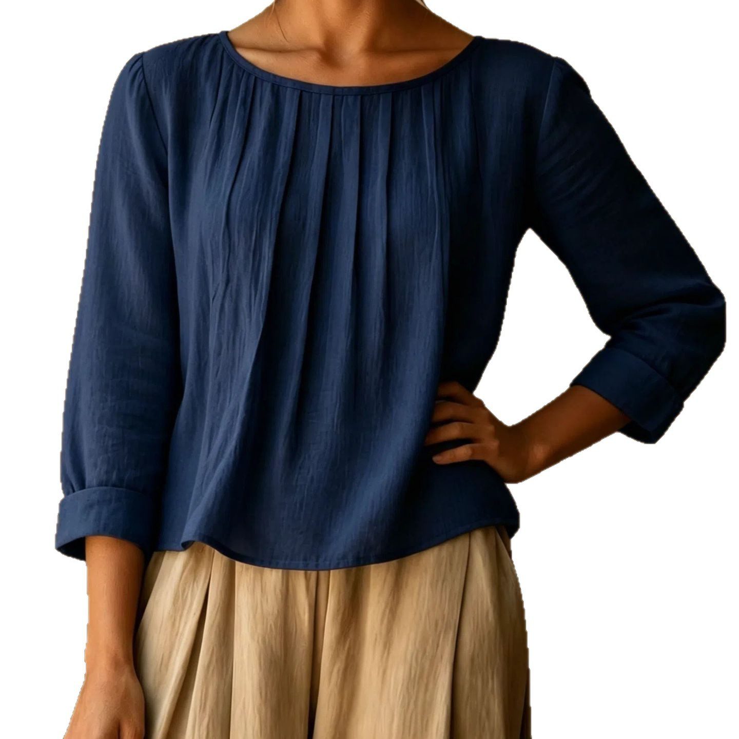 Womens Cotton-linen Top Loose-fit Round-neck Shirt - Image 5