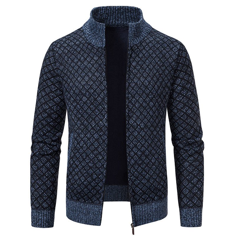 Thickened Plaid Print Jacket Cardigan Fashion Slim Fit Zipper Stand Collar Sweater Winter Men's Casual Long Sleeve Knitted Top Clothing - Image 3
