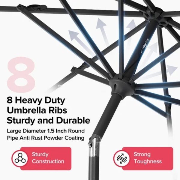 10 Ft Patio Umbrella For Table, Outdoor Sun Umbrella With 32 LED Solar Lights, Red - Image 3
