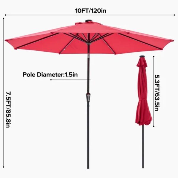 10 Ft Patio Umbrella For Table, Outdoor Sun Umbrella With 32 LED Solar Lights, Red - Image 2