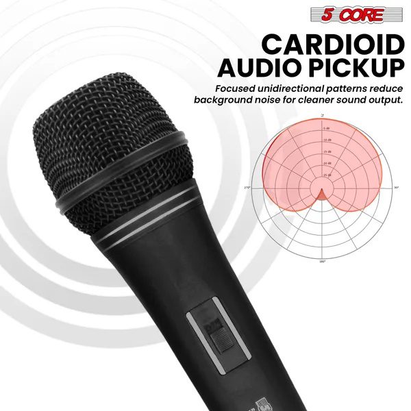 5 CORE Professional Dynamic Vocal Microphone Neodymium Cardioid Unidirectional Handheld Mic For Singing Karaoke Steel Mesh Grille Metal Body With ON Off Switch + 16ft Detachable Cable + Clip + Bag - Image 2