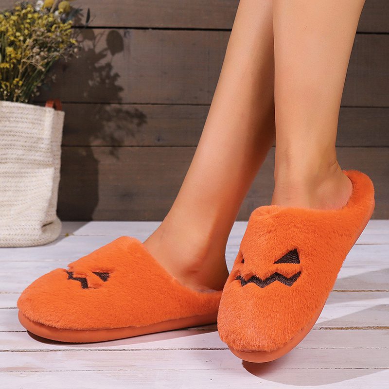 Cute Halloween Pumpkin Slippers Winter Warm Plush Bedroom Floor Home Slippers Casual Slip On Comfortable Cozy Indoor House Shoes - Image 2