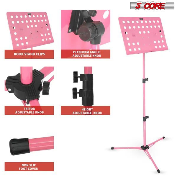 5 Core Music Stand For Sheet Music Height Adjustable Portable Folding Atril Para Partituras W Light Clip For Guitar Players Violinists Cellists Pianists - MUS FLD HD ACC PNK - Image 5