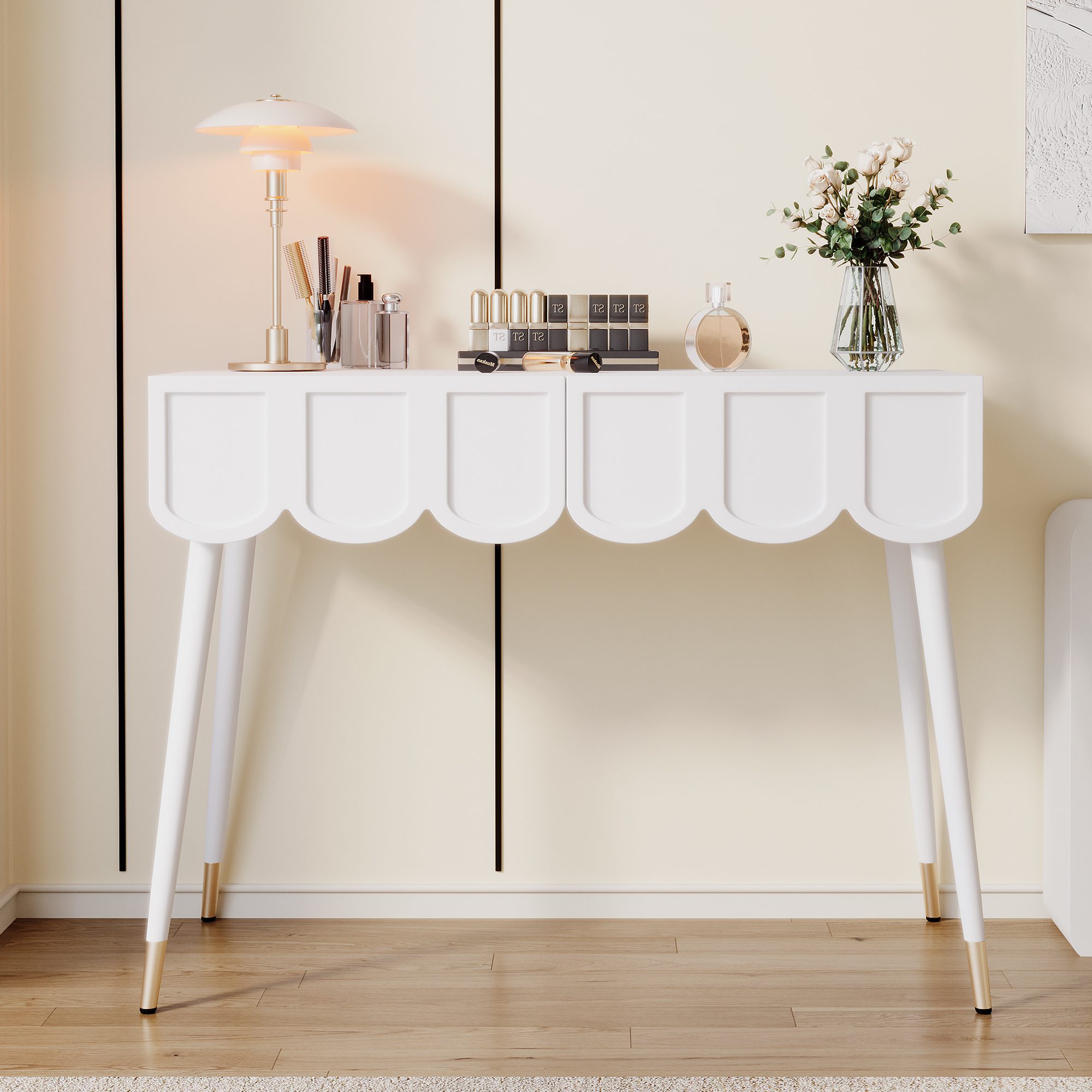Vanity Table Dressing Table With 2 Drawers, Metal Legs, White, Dimensions W100 X D40 X H76 Cm - Image 3