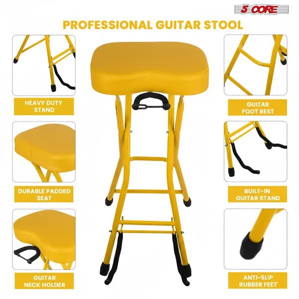 5Core Guitar Stool 3.15" Padded Chair Foldable Heavy Duty Music Seat Built In Foot Rest Guitar Stand - Image 2