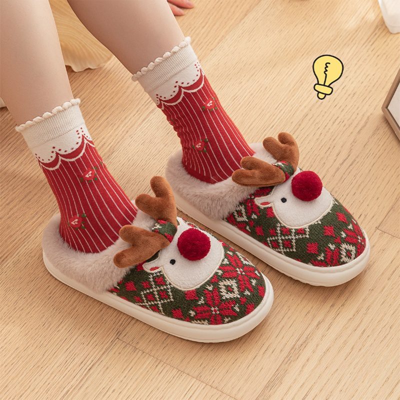 Cute Christmas Elk Plush Slippers Winter Ins Fashion Non-slip Floor Bedroom Home Slippers For Women Fuzzy House Shoes - Image 3