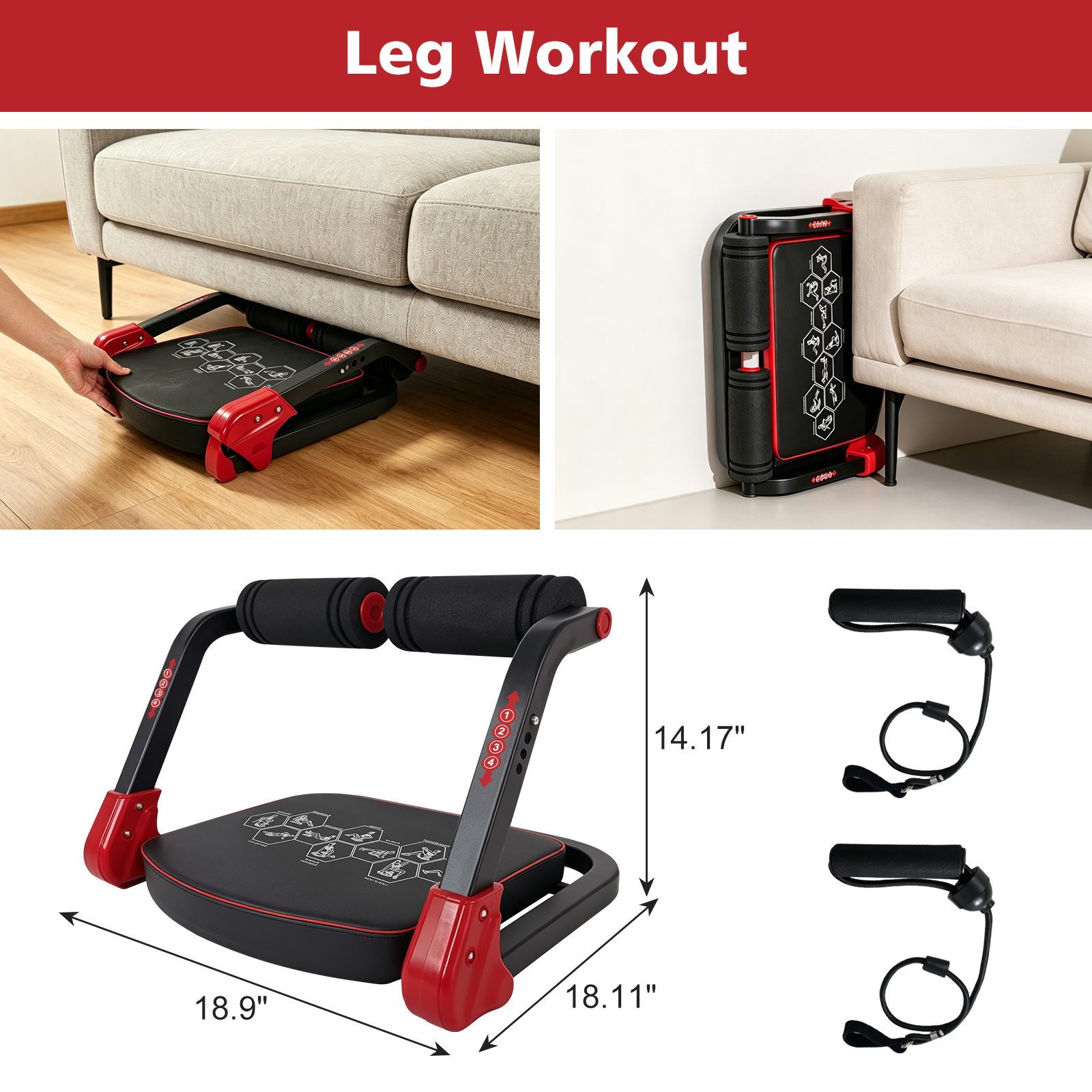 Ab Core Trainer Abdominal Machine For Home Gym With Resistance Bands Red - Image 2