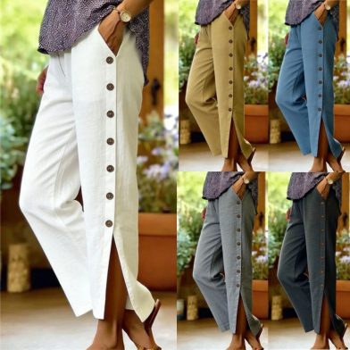 Breathable Button-detail Casual Straight-leg Cropped Pants