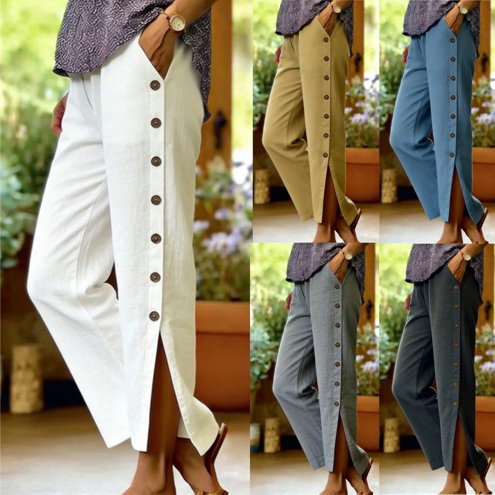 Breathable Button-detail Casual Straight-leg Cropped Pants
