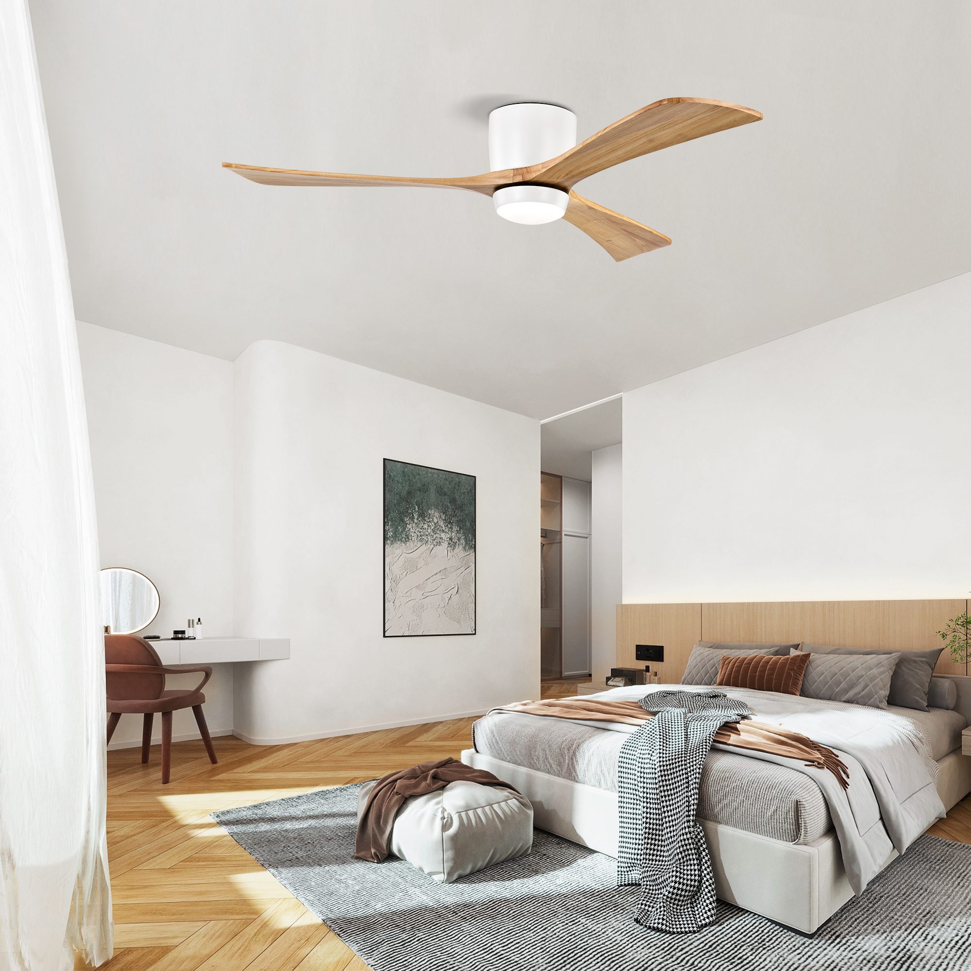مروحة سقف مقاس 52 بوصة بتصميم Flush Mount مع إضاءة، مزودة بشفرات من الخشب الصلب، مع جهاز تحكم عن بُعد، محرك DC هادئ، 6 سرعات، دوران عكسي، مناسبة للفناء وغرفة المعيشة وغرفة النوم والمكتب وللاستخدام الداخلي، أبيض مطفي / خشب طبيعي - الصورة 5