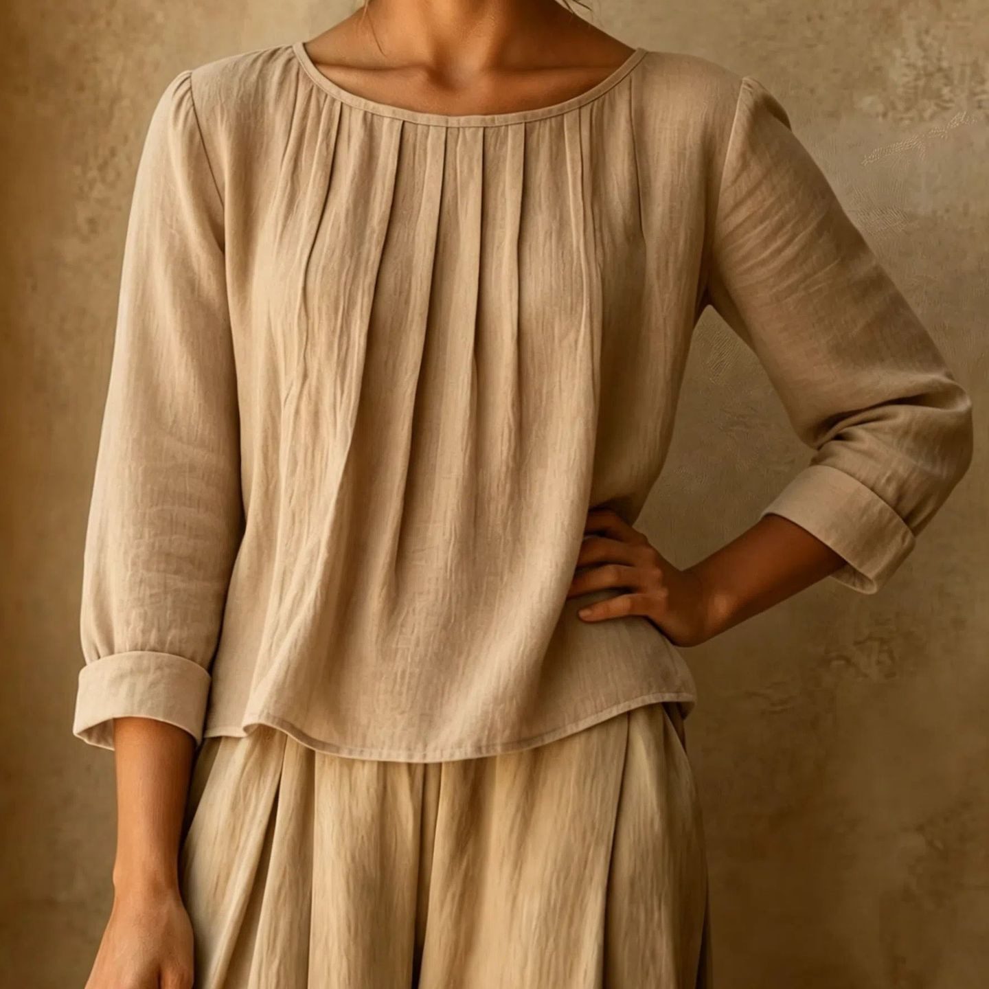 Womens Cotton-linen Top Loose-fit Round-neck Shirt - Image 3