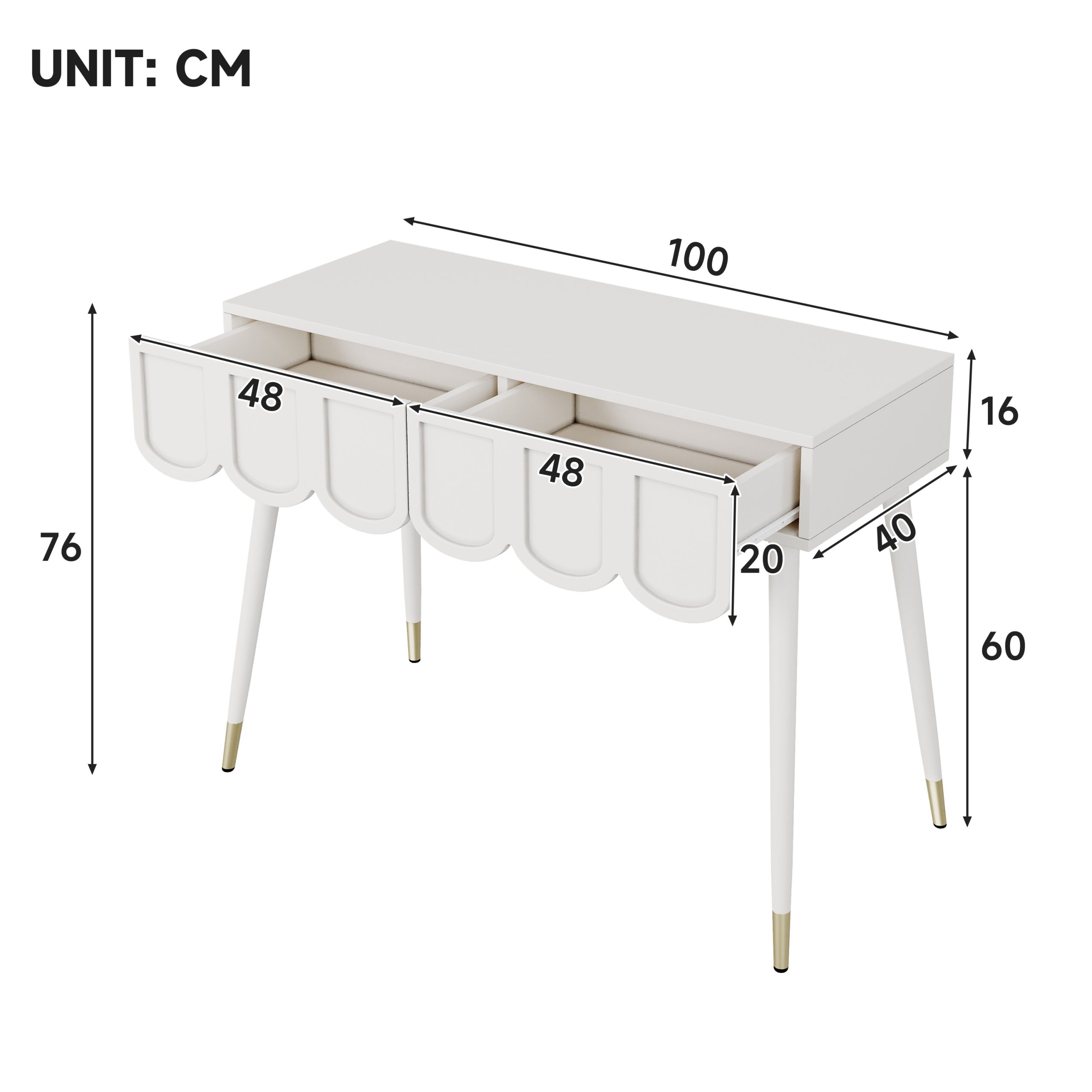 Vanity Table Dressing Table With 2 Drawers, Metal Legs, White, Dimensions W100 X D40 X H76 Cm - Image 2