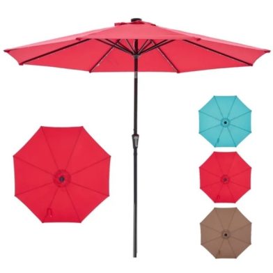 10 Ft Patio Umbrella For Table, Outdoor Sun Umbrella With 32 LED Solar Lights, Red