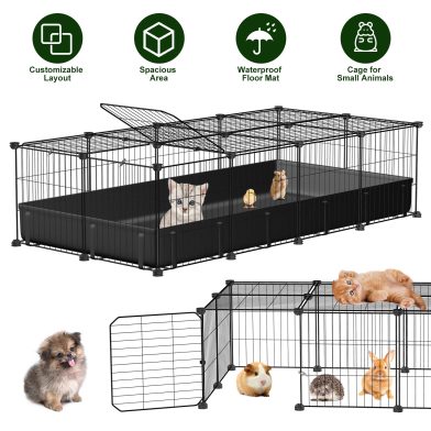 47x24x12IN Guinea Pig Cage Small Animal Playpen DIY Metal Pet Enclosure With 20 Panels Waterproof Floor Mat For Hedgehogs Chickens Ducklings Rabbits Hamsters