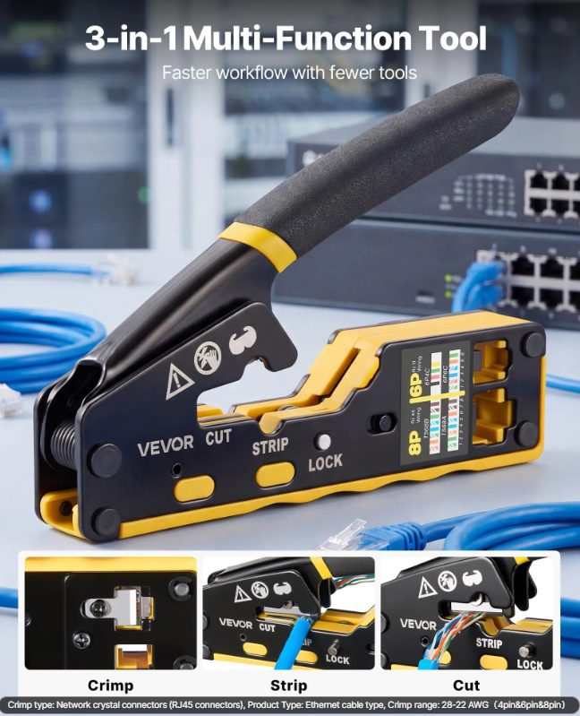 VEVOR Crimping Tool, RJ45-RJ11-RJ12 Ethernet Crimper, Crimp Tool Kit For 4-6-8-Pin Modular Plugs, With Mini Wire Stripper, 50 Connectors And 50 Boots, Replacement Blades, And Network Cable Tester - Image 6