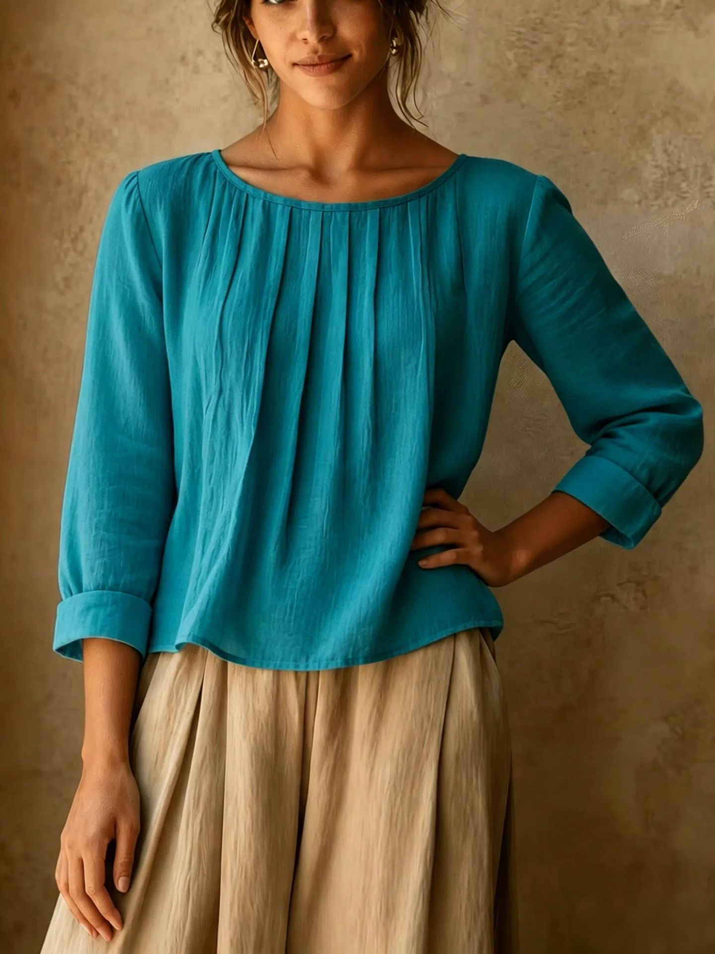 Womens Cotton-linen Top Loose-fit Round-neck Shirt - Image 9