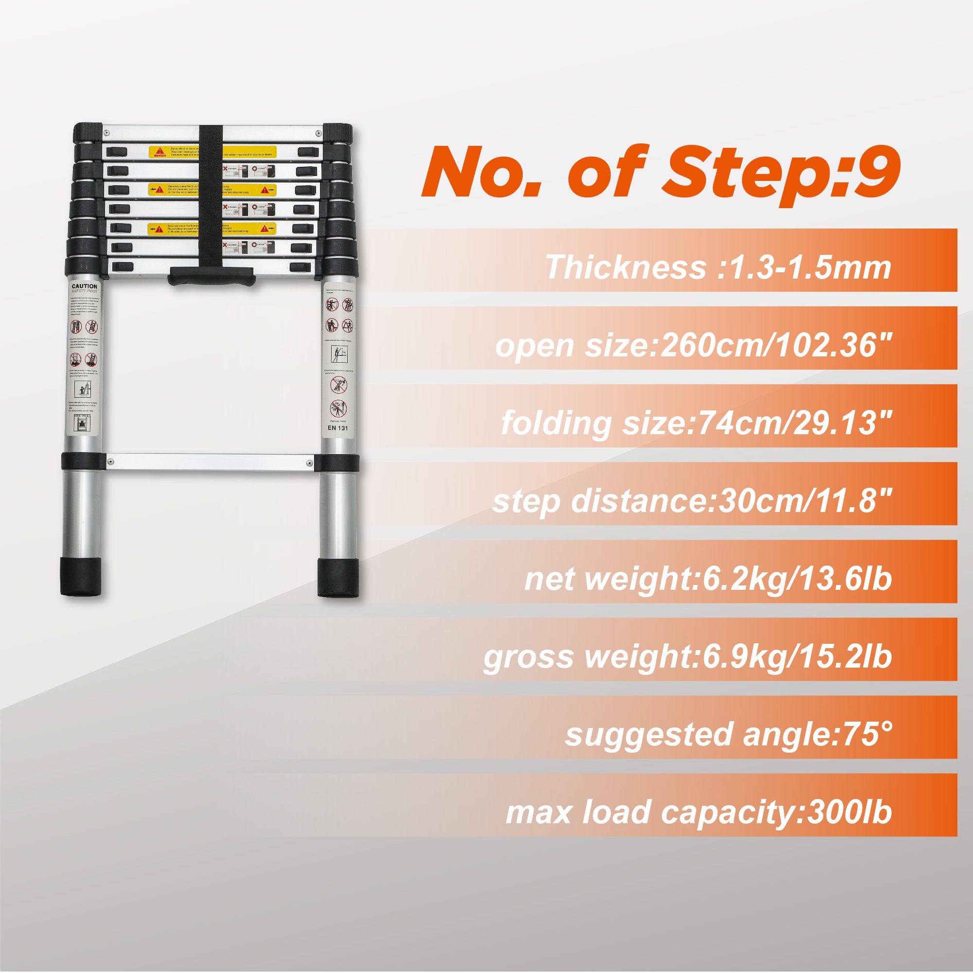 Telescoping Ladder 8.5FT, Telescopic Extension Ladder, Aluminum Alloy Folding Ladder Portable Multi-Purpose for Indoor Outdoor Work, Heavy Duty 300 lbs Load - Image 5