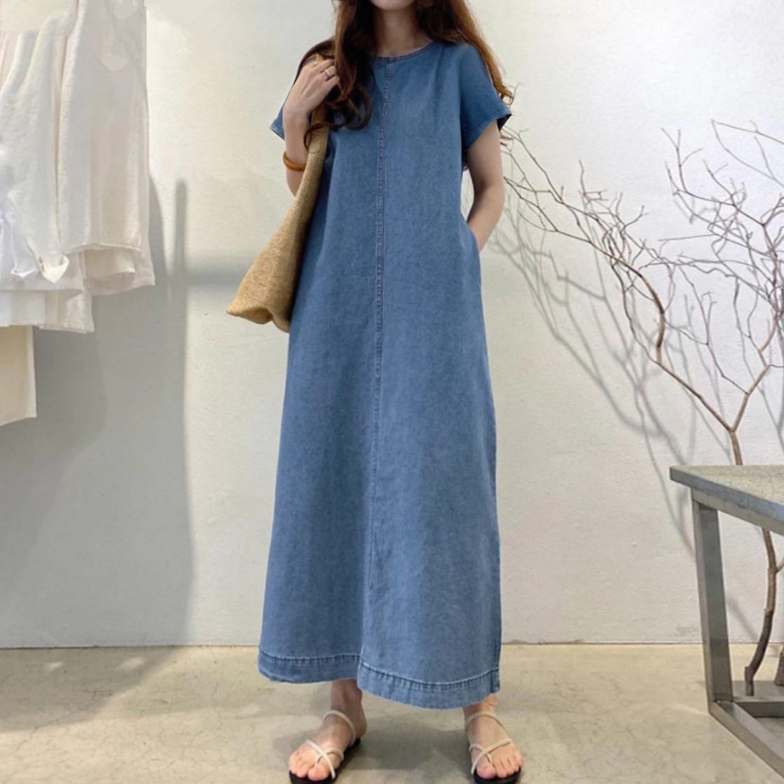 Womens Solid-Color Fashionable Round-Neck Loose-Fit Pocketed Dress - Image 8