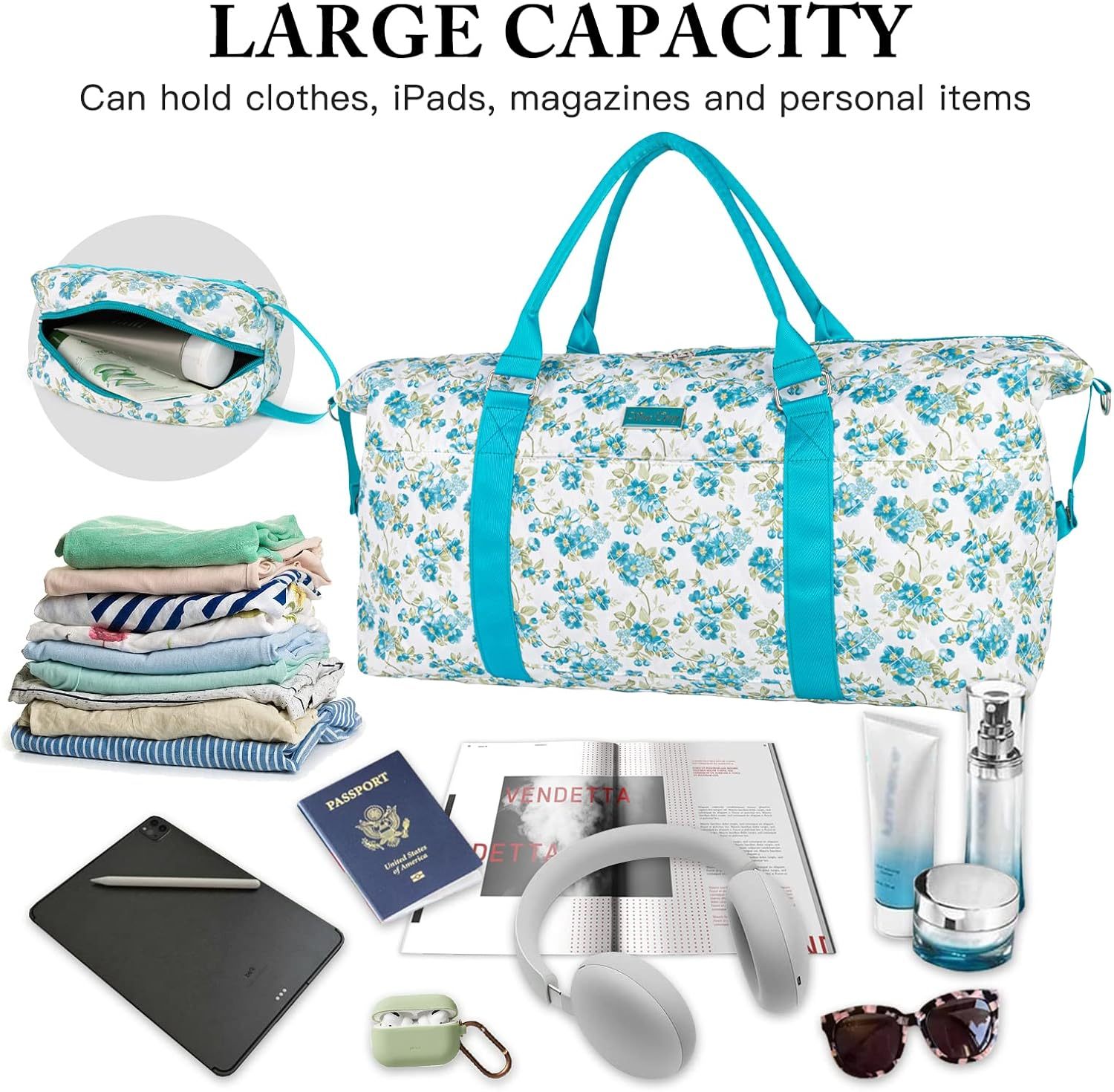 Women's Travel Bag With Toiletry Pouch Carry-on Overnight & Weekend Bag For Travel, Yoga, And Gym White Floral Design - Image 5