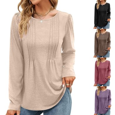 Plain-colored Long-sleeve Crew-neck Top