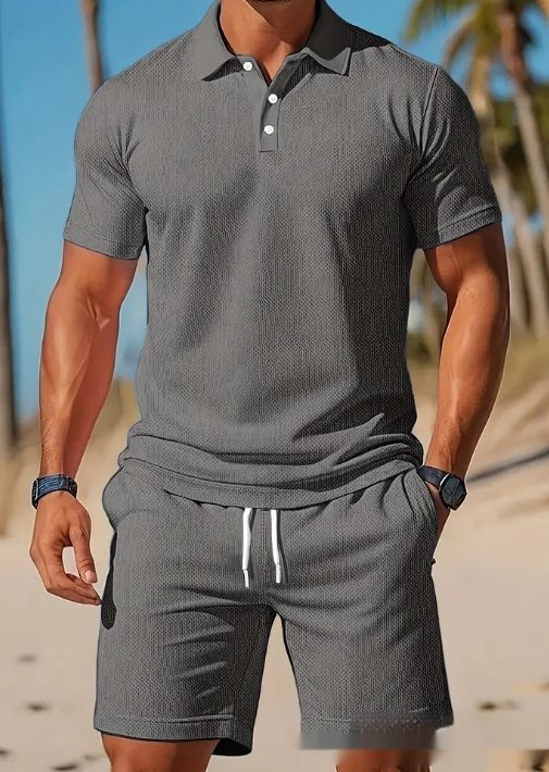 Men's Casual Beach Mesh Lapel Set Summer Comfortable Breathable Loose Solid-Color Sports Short-Sleeved Shirt And Shorts Set - Image 7