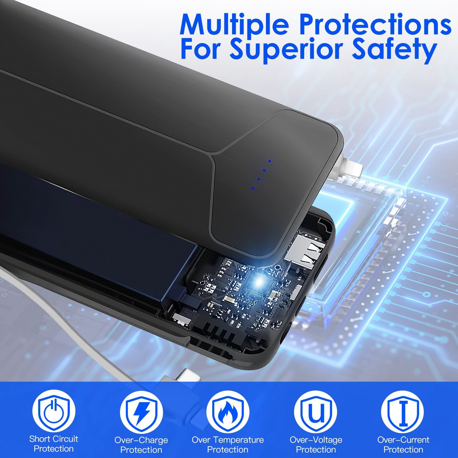 10000mAh Power Bank Portable Charger With US Plug 2 Built-in Cables External Battery Pack With 4 Ouputs 3 Inputs Fit For IOS Phone 14 Android And More - Image 2
